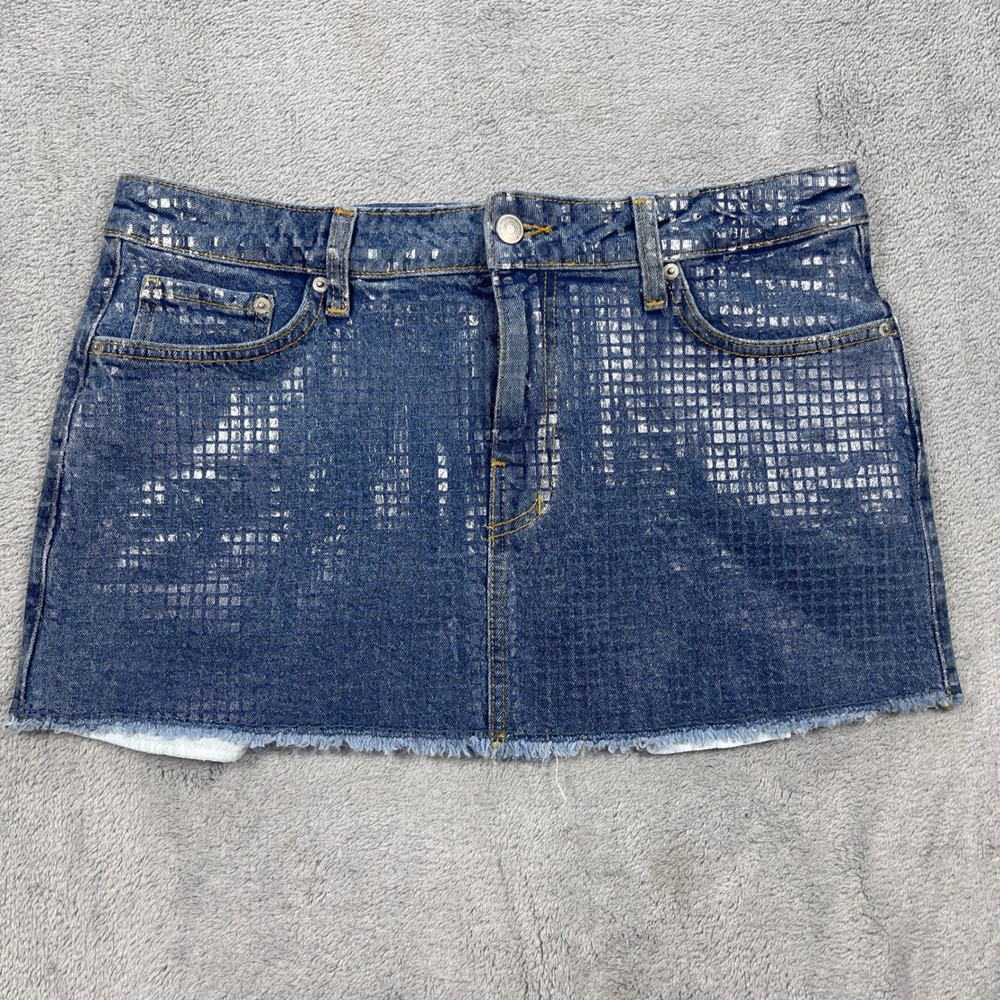 Forever 21 Skirt Women XL Blue Silver Foil Grid Denim Mini Frayed Hem Premium